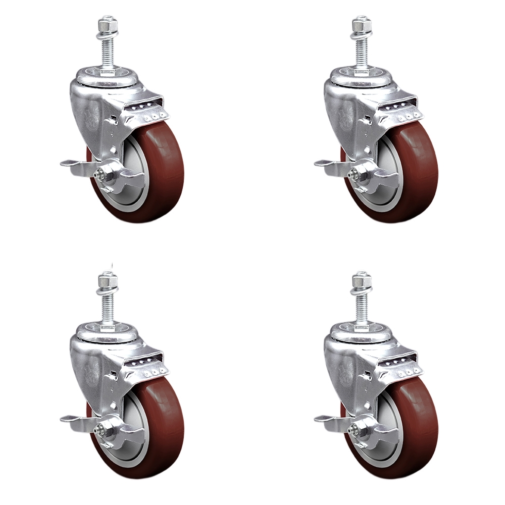 Stainless Steel Polyurethane Swivel Threaded Stem Caster with 4 x 1.25 in. Maroon Wheels & 0.38 in. Stems - Set of 4