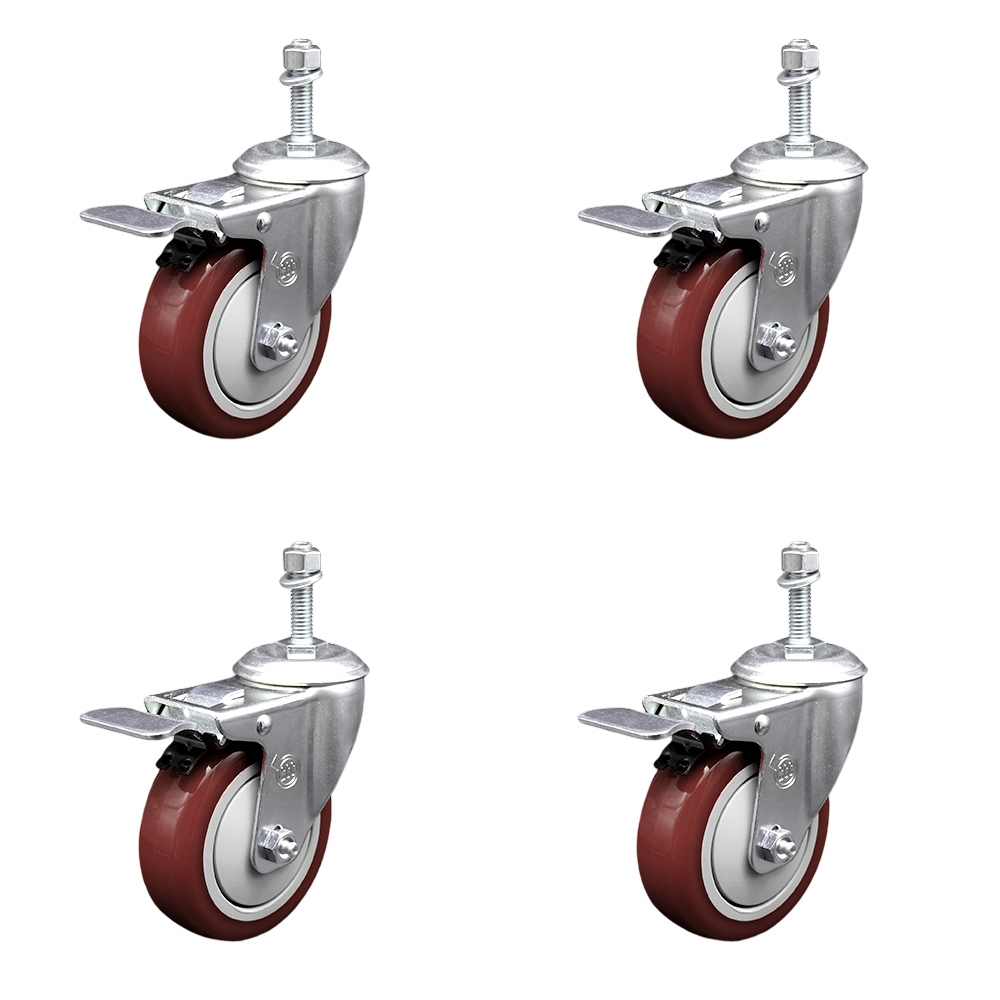 SCC-TSTTL20S414-PPUB-MRN-M1015-4 Polyurethane Swivel Threaded Stem Caster with 4 x 1.25 in. Maroon Wheels & 10 mm Stems - Set of 4