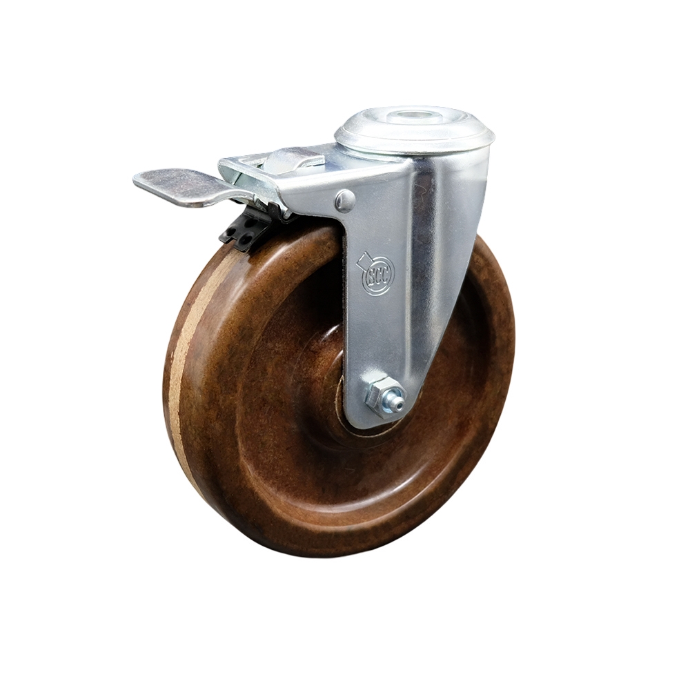 SCC-SSBHTTL20S514-PHSHT Stainless Steel High Temperature Phenolic Swivel Bolt Hole Caster with 5 x 1.25 in. Brown Wheel & Total Locking Brake