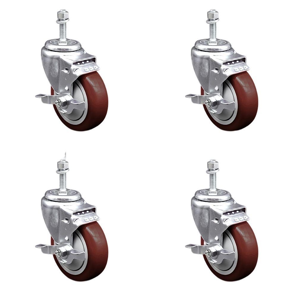 SCC-SSTS20S414-PPUB-MRN-TLB-M1015-4 Stainless Steel Polyurethane Swivel Threaded Stem Caster with 4 x 1.25 in. Maroon Wheels & 10 mm Stems - Set of 4
