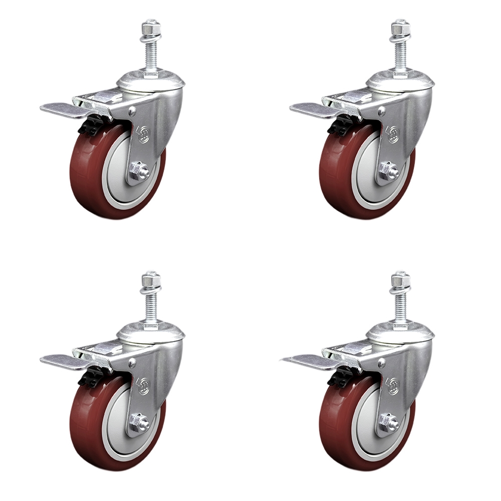 SCC-SSTSTTL20S414-PPUB-MRN-M1015-4 Stainless Steel Polyurethane Swivel Threaded Stem Caster with 4 x 1.25 in. Maroon Wheels & 10 mm Stems - Set of 4