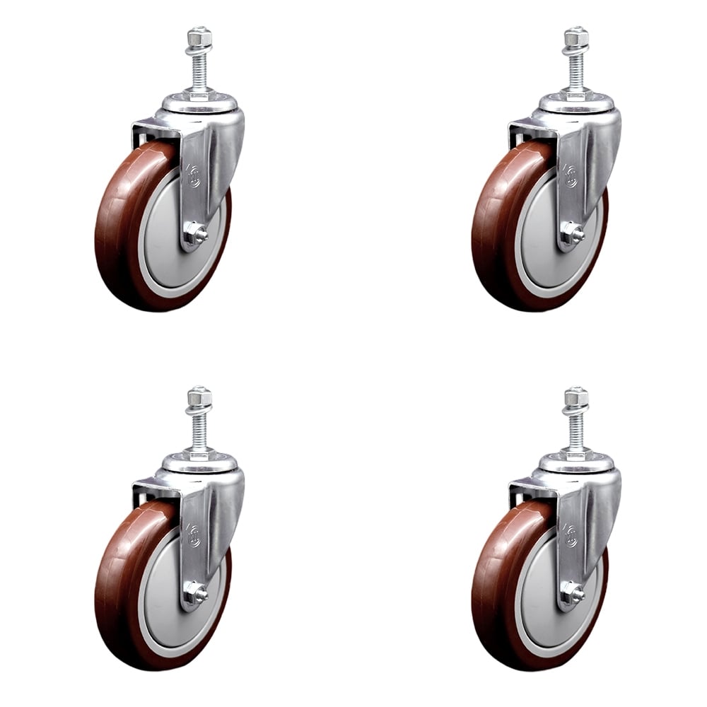 SCC-SSTS20S514-PPUB-MRN-M1015-4 Stainless Steel Polyurethane Swivel Threaded Stem Caster with 5 x 1.25 in. Maroon Wheels & 10 mm Stems - Set of 4