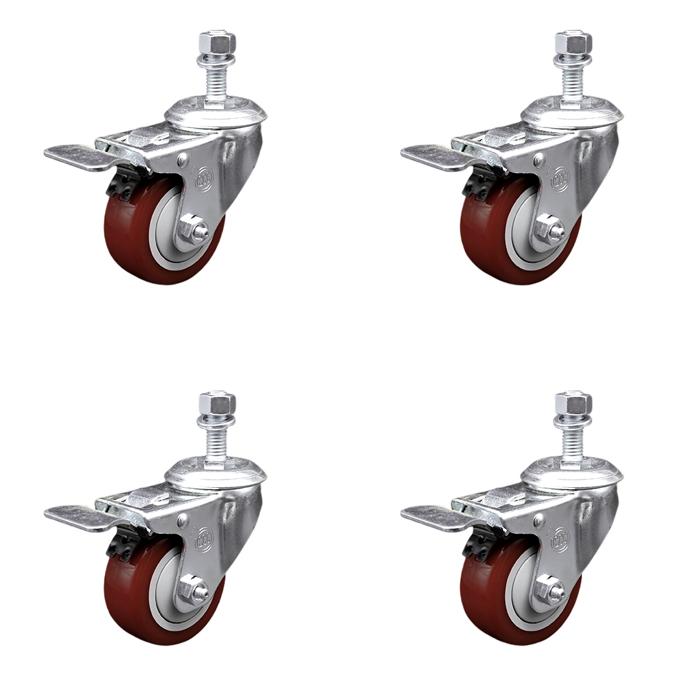 SCC-TSTTL20S314-PPUB-MRN-M1215-4 Polyurethane Swivel Threaded Stem Caster with 3 x 1.25 in. Maroon Wheels & 12 mm Stems - Set of 4