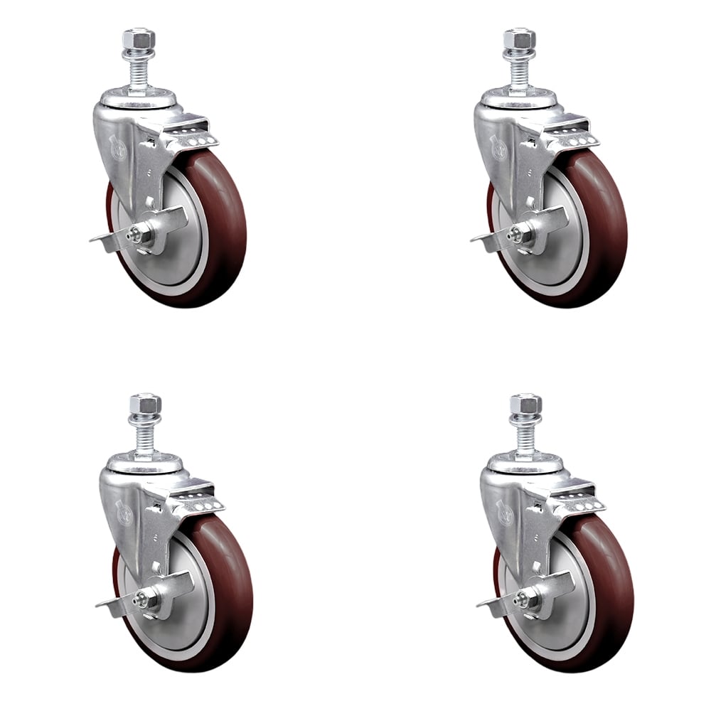 SCC-SSTS20S514-PPUB-MRN-TLB-M1215-4 Stainless Steel Polyurethane Swivel Threaded Stem Caster with 5 x 1.25 in. Maroon Wheels & 12 mm Stems - Set of 4