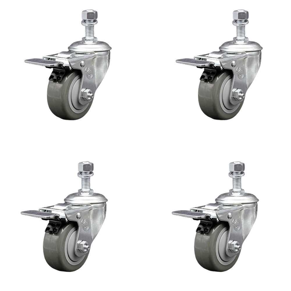 SCC-SSTSTTL20S314-PPUB-121315-4 Stainless Steel Polyurethane Swivel Threaded Stem Caster with 3 x 1.25 in. Gray Wheels & 0.5 in. Stems - Set of 4