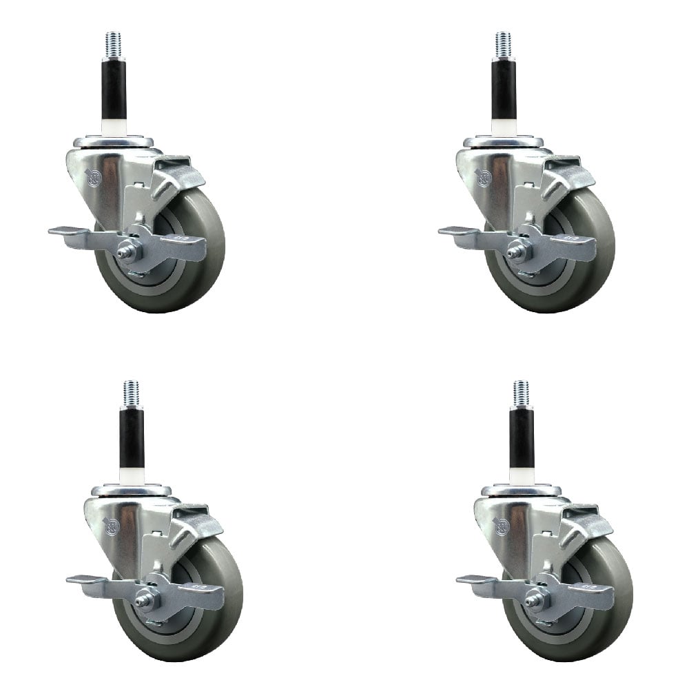 Stainless Steel Polyurethane Swivel Expanding Stem Caster with 3.5 in. Gray Wheels & 0.87 in. Stems 4 Swivel with Top Locking Brakes - Set of 4