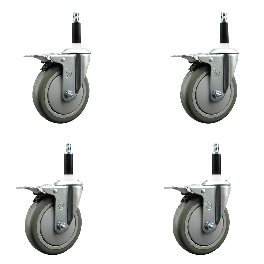 Stainless Steel Polyurethane Swivel Expanding Stem Caster with 5 in. Gray Wheels & 0.87 in. Stems 4 Swivel with Total Locking Brakes - Set of 4