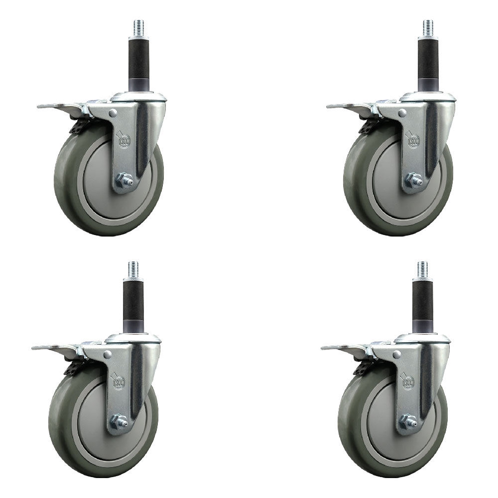 Stainless Steel Polyurethane Swivel Expanding Stem Caster with 5 in. Gray Wheels & 1 in. Stems 4 Swivel with Total Locking Brakes - Set of 4
