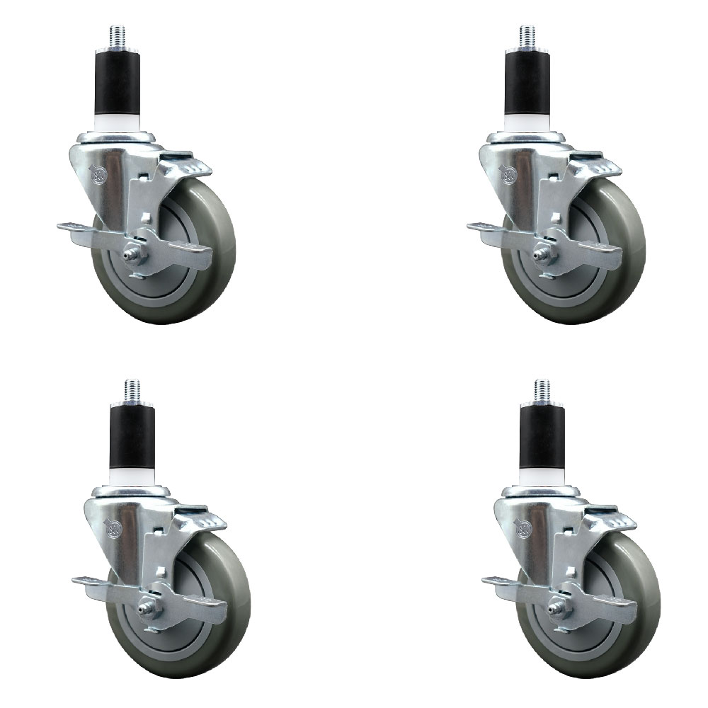 Stainless Steel Polyurethane Swivel Expanding Stem Caster with 4 in. Gray Wheels & 1.5 in. Stems 4 Swivel with Top Locking Brakes - Set of 4