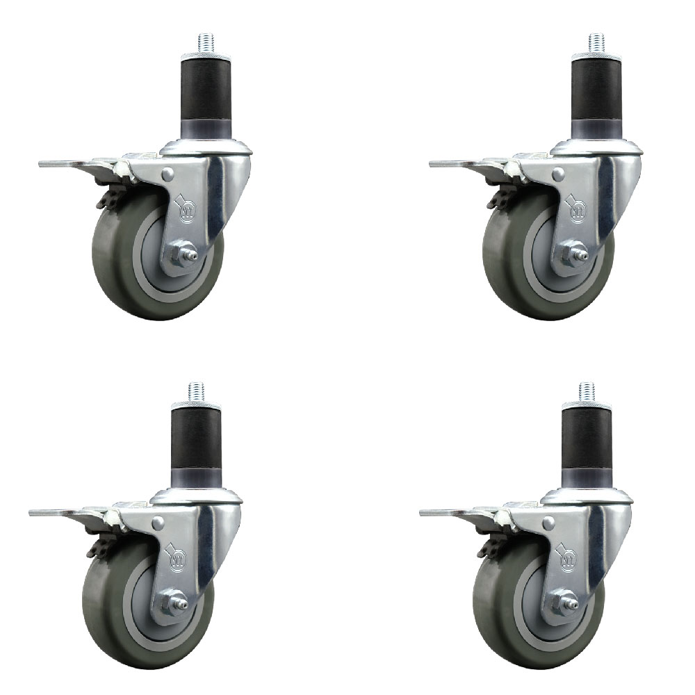 Stainless Steel Polyurethane Swivel Expanding Stem Caster with 3.5 in. Gray Wheels & 1.63 in. Stems 4 Swivel with Total Locking Brakes - Set of 4