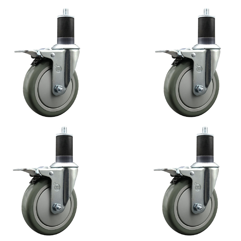 Stainless Steel Polyurethane Swivel Expanding Stem Caster with 5 in. Gray Wheels & 1.63 in. Stems 4 Swivel with Total Locking Brakes - Set of 4