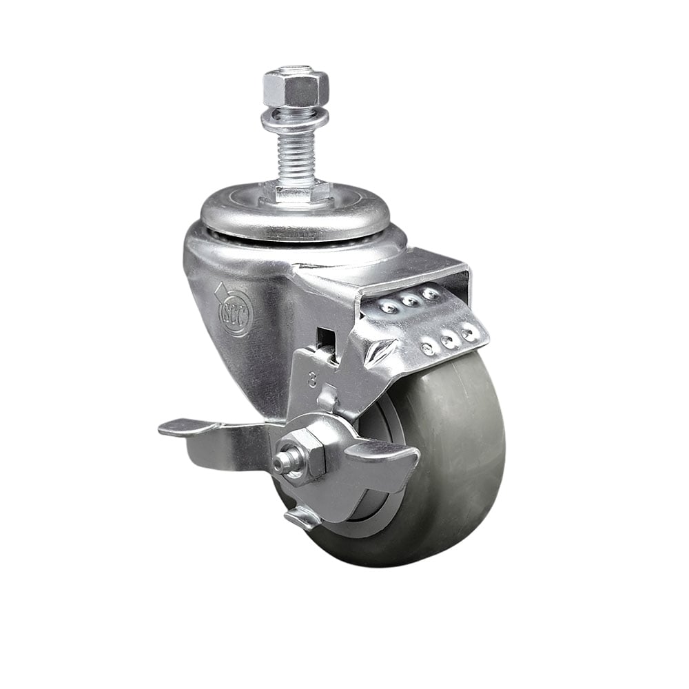 Stainless Steel Polyurethane Swivel Threaded Stem Caster with 3.5 x 1.25 in. Gray Wheel & 0.5 in. Stem & Top Locking Brake