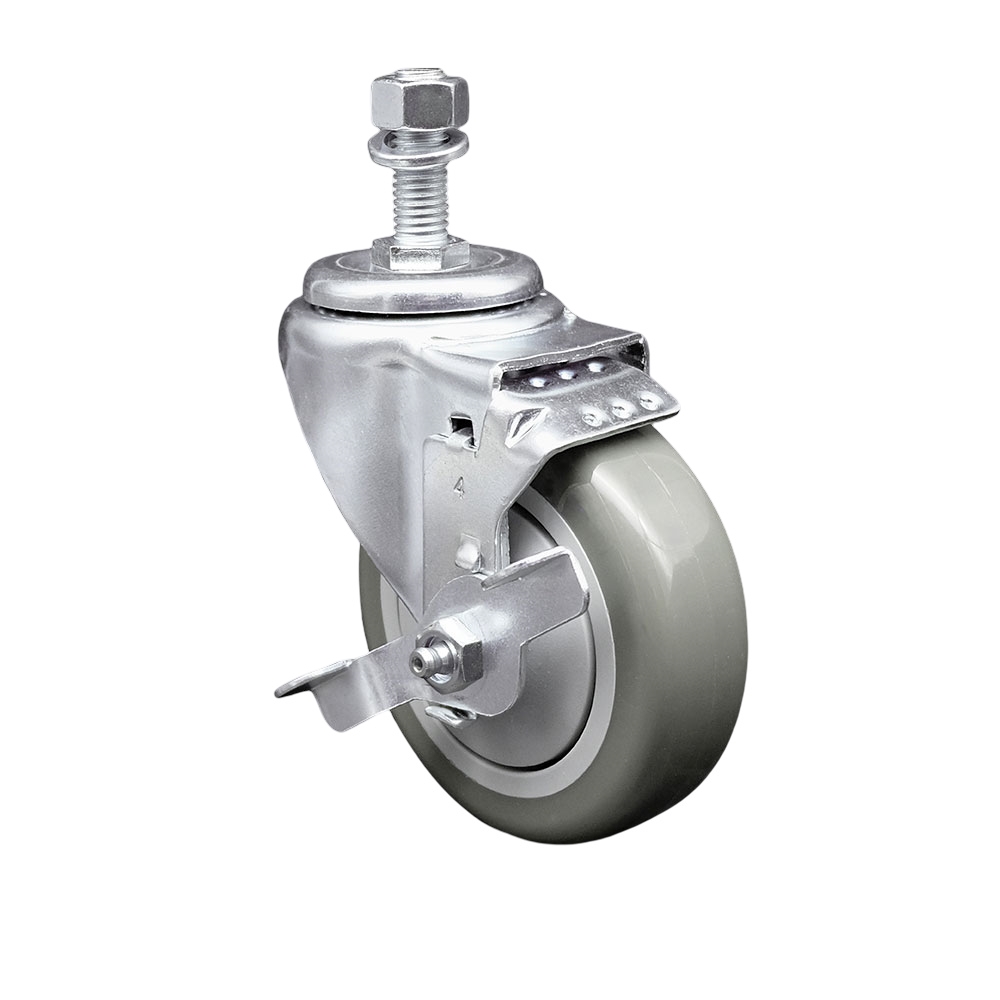 Stainless Steel Polyurethane Swivel Threaded Stem Caster with 4 x 1.25 in. Gray Wheel & 0.5 in. Stem & Top Locking Brake