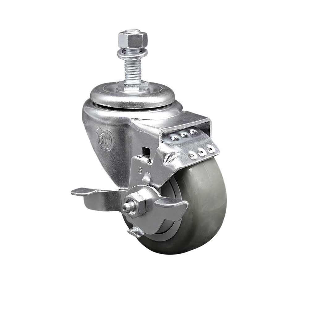 Stainless Steel Polyurethane Swivel Threaded Stem Caster with 3 x 1.25 in. Gray Wheel & 0.38 in. Stem & Top Locking Brake