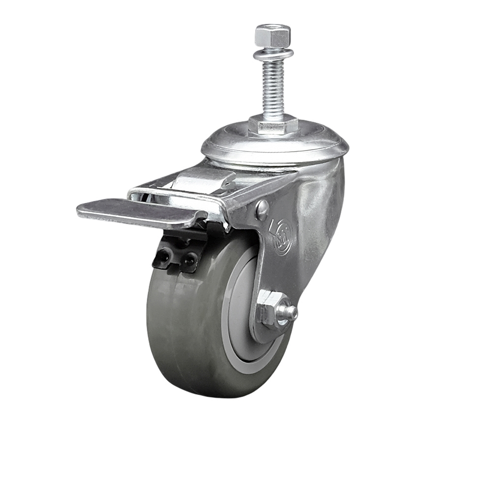 Stainless Steel Polyurethane Swivel Threaded Stem Caster with 3 x 1.25 in. Gray Wheel & 0.38 in. Stem & Total Locking Brake