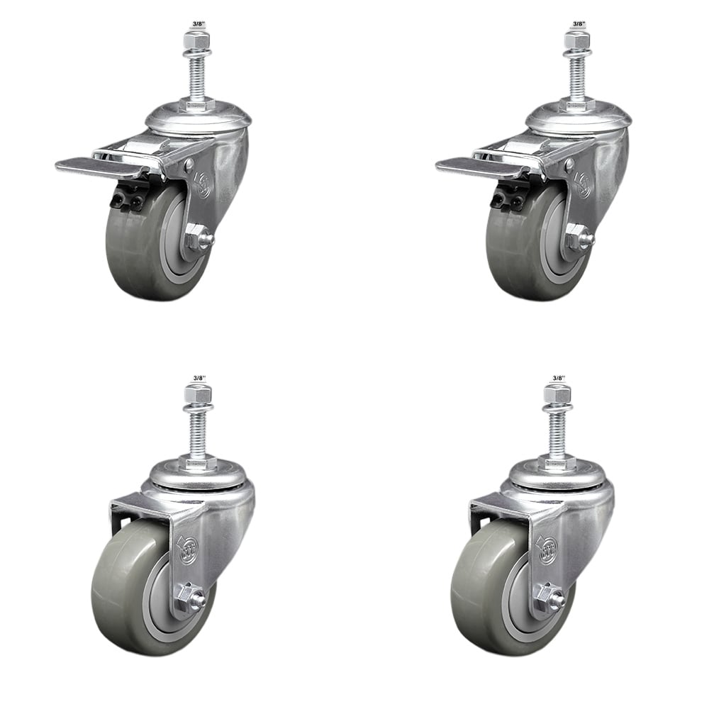 Stainless Steel Polyurethane Swivel Threaded Stem Caster with 3 x 1.25 in. Gray Wheels & 0.38 in. Stems - Set of 4