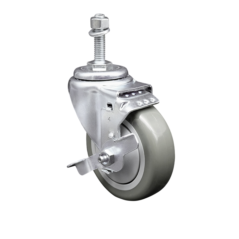 SCC-SSTS20S414-PPUB-TLB-M1015 Stainless Steel Polyurethane Swivel Threaded Stem Caster with 4 x 1.25 in. Gray Wheel & 10 mm Stem & Top Locking Brake