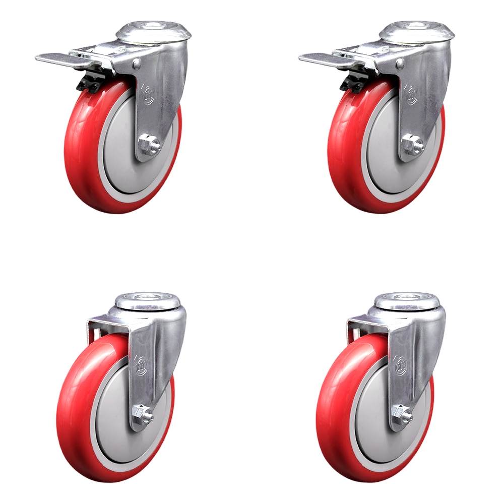 SCC-BHTTL20S514-PPUB-RED-2-S-2 Polyurethane Swivel Bolt Hole Caster with 5 x 1.25 in. Red Wheels - Set of 4