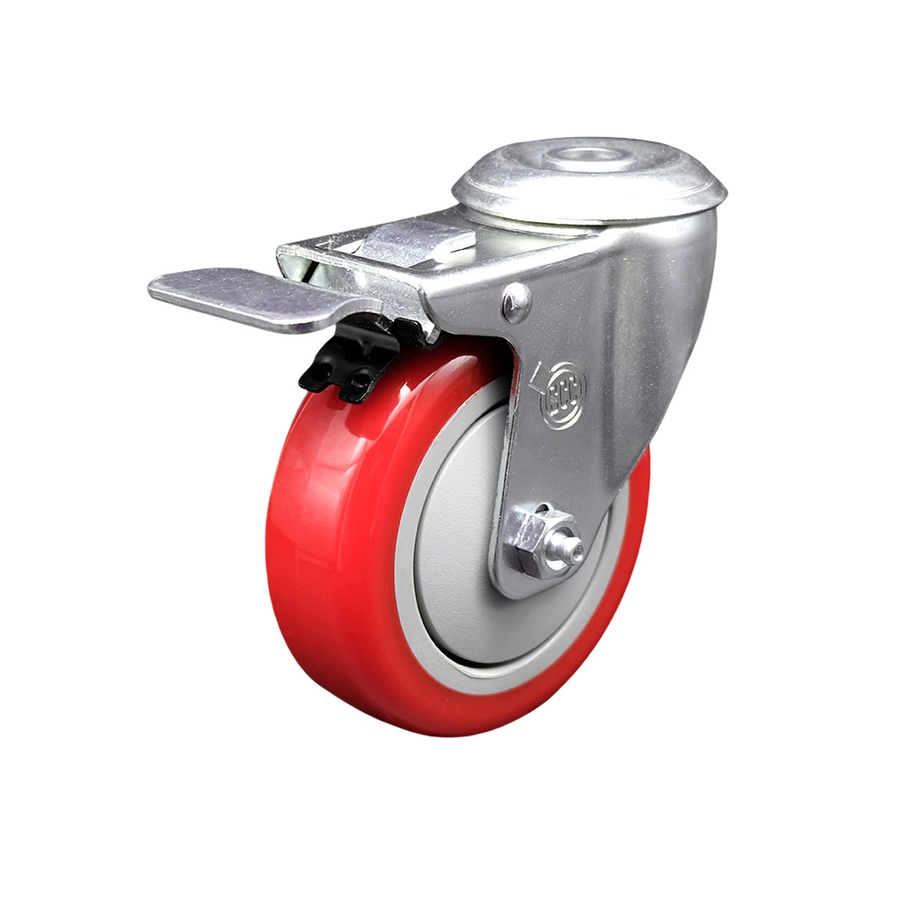 SCC-SSBHTTL20S414-PPUB-RED Stainless Steel Polyurethane Swivel Bolt Hole Caster with 4 x 1.25 in. Red Wheel & Total Locking Brake