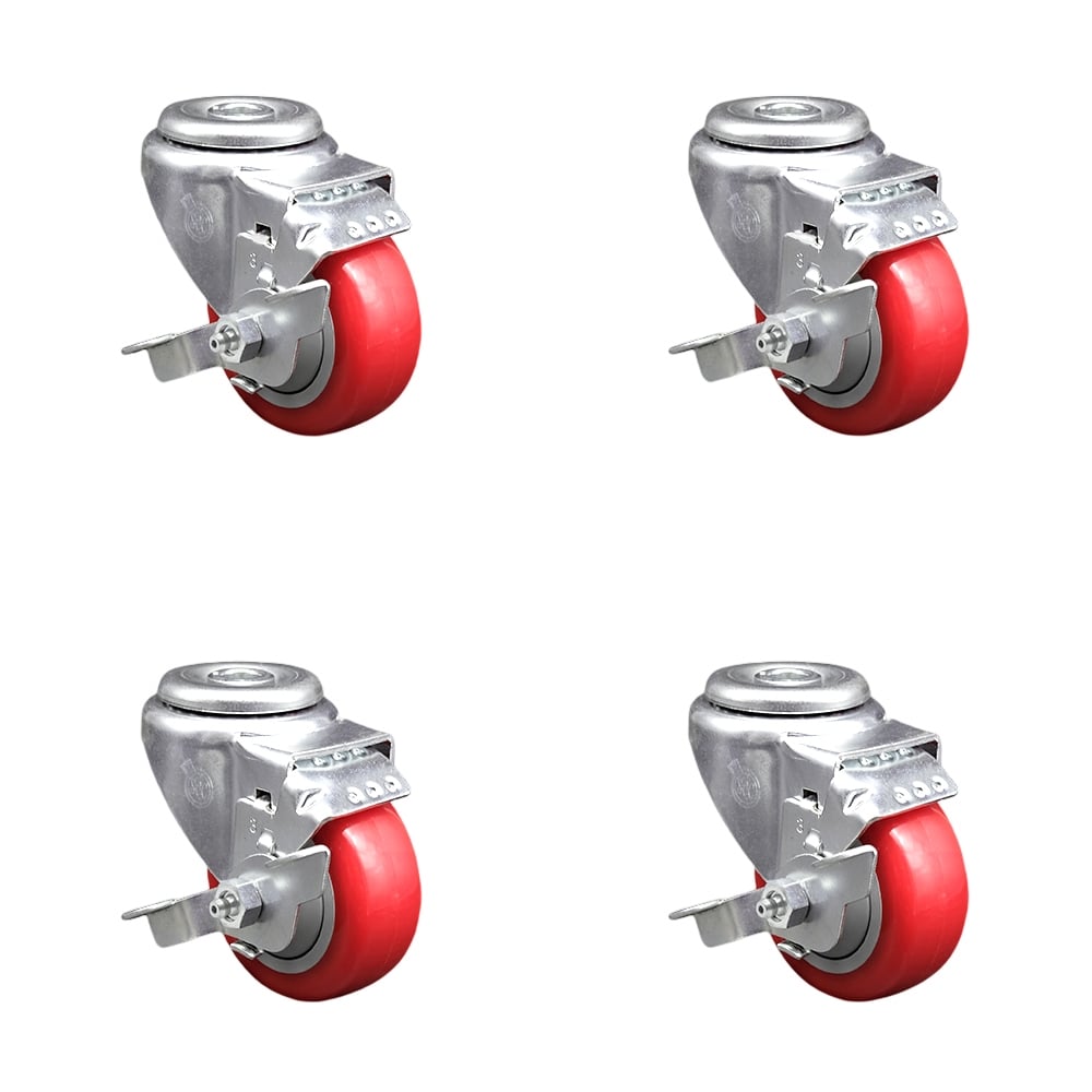 SCC-BH20S314-PPUB-RED-TLB-4 Polyurethane Swivel Bolt Hole Caster with 3 x 1.25 in. Red Wheels - Set of 4
