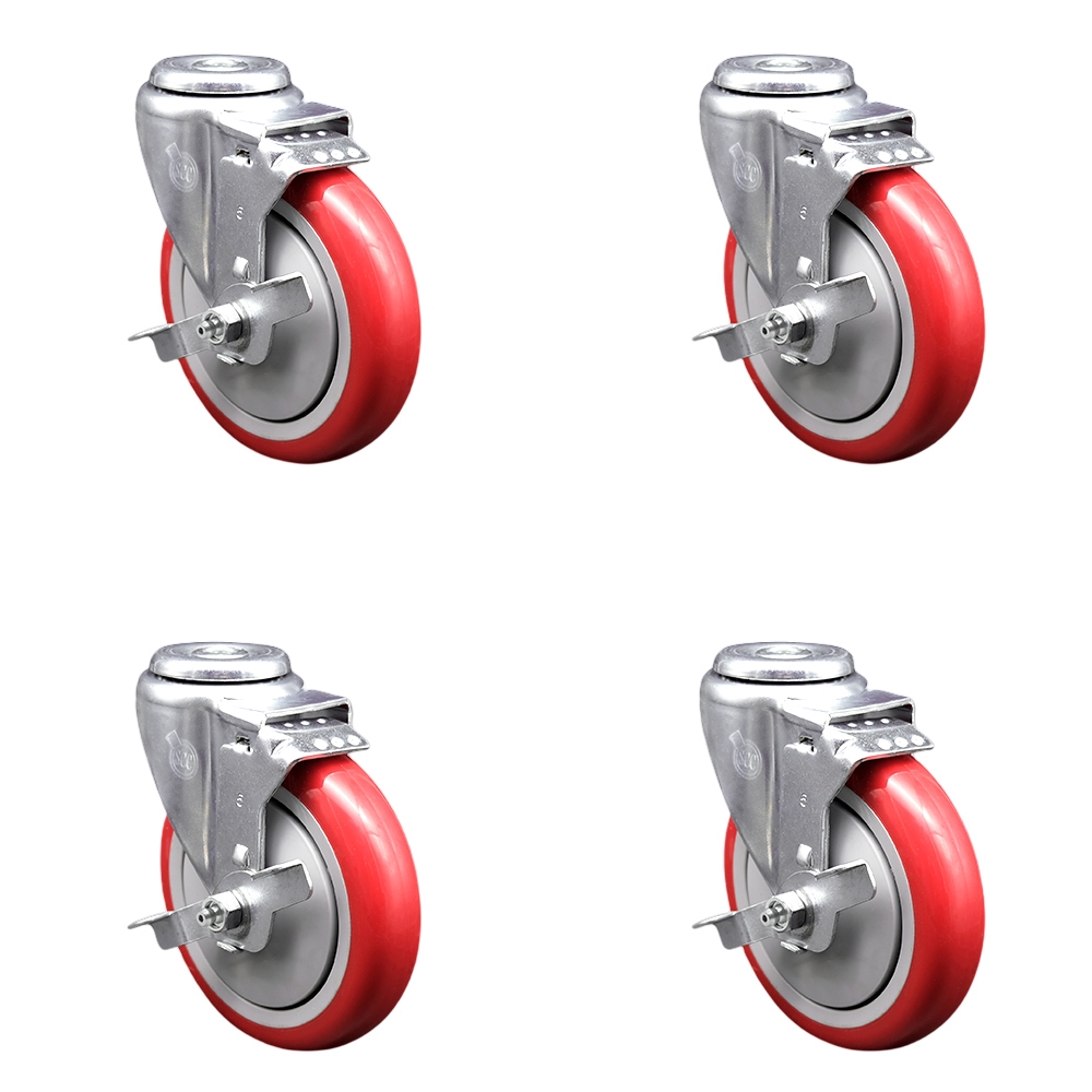 SCC-BH20S514-PPUB-RED-TLB-4 Polyurethane Swivel Bolt Hole Caster with 5 x 1.25 in. Red Wheels - Set of 4