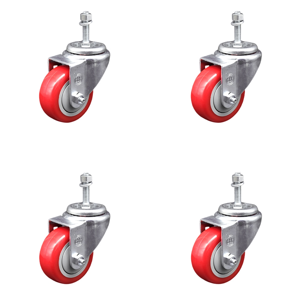 SCC-TS20S314-PPUB-RED-381615-4 Polyurethane Swivel Threaded Stem Caster with 3 x 1.25 in. Red Wheels & 0.38 in. Stems - Set of 4