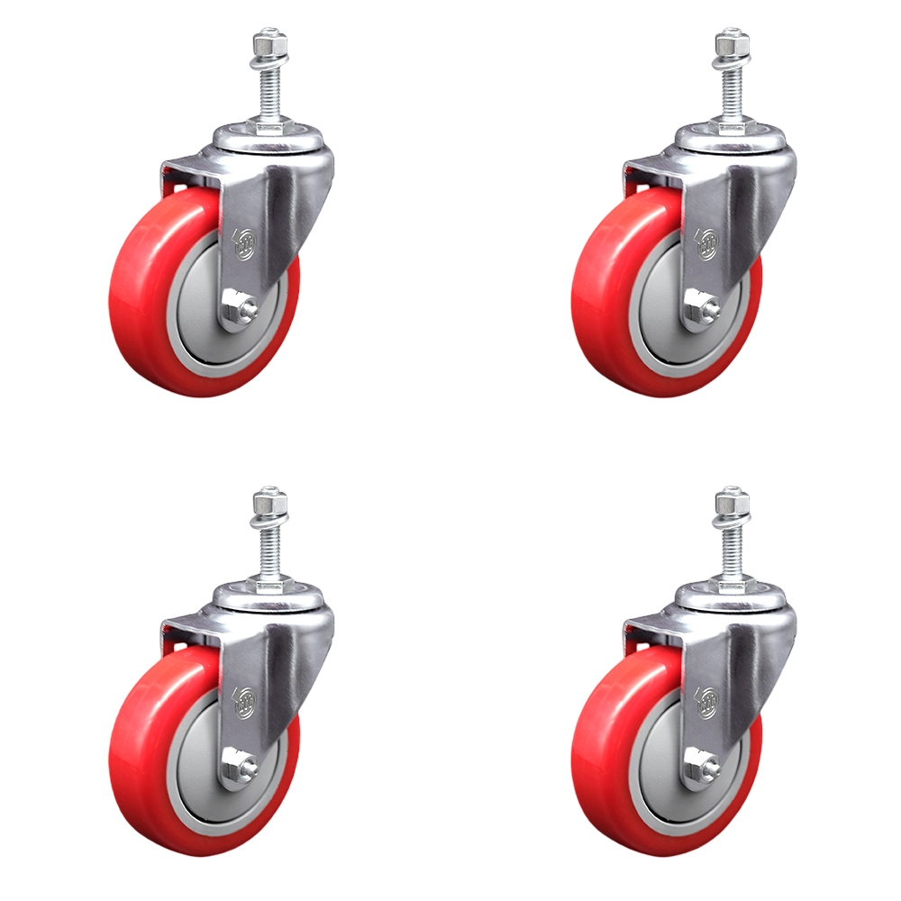 SCC-TS20S414-PPUB-RED-381615-4 Polyurethane Swivel Threaded Stem Caster with 4 x 1.25 in. Red Wheels & 0.38 in. Stems - Set of 4