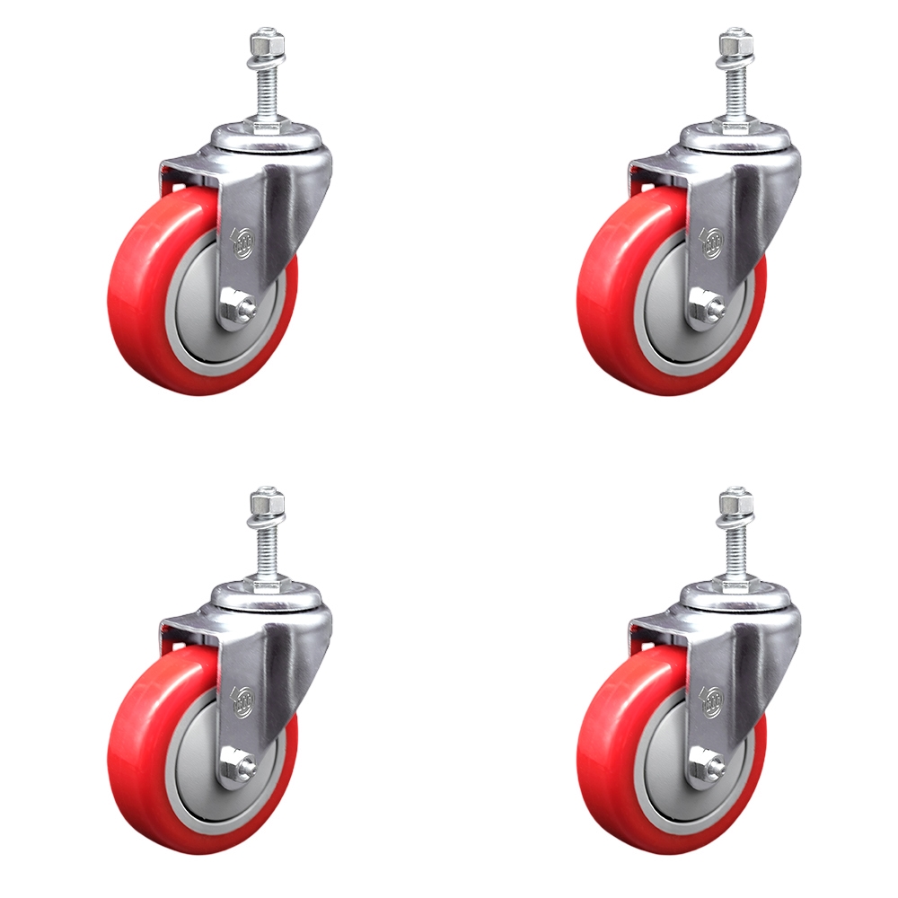 SCC-TS20S414-PPUB-RED-M1015-4 Polyurethane Swivel Threaded Stem Caster with 4 x 1.25 in. Red Wheels & 10 mm Stems - Set of 4