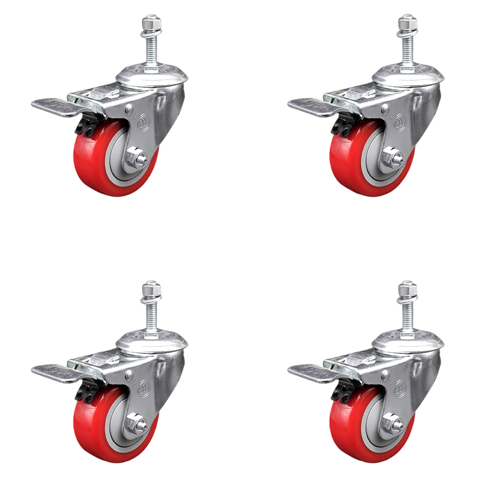 SCC-SSTSTTL20S314-PPUB-RED-M1015-4 Stainless Steel Polyurethane Swivel Threaded Stem Caster with 3 x 1.25 in. Red Wheels & 10 mm Stems - Set of 4