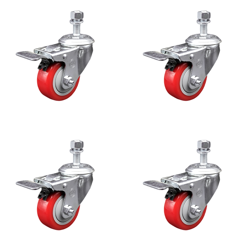 SCC-TSTTL20S314-PPUB-RED-M1215-4 Polyurethane Swivel Threaded Stem Caster with 3 x 1.25 in. Red Wheels & 12 mm Stems - Set of 4