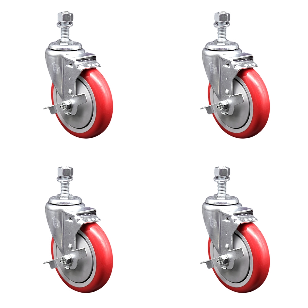 SCC-TS20S514-PPUB-RED-TLB-M1215-4 Polyurethane Swivel Threaded Stem Caster with 5 x 1.25 in. Red Wheels & 12 mm Stems - Set of 4