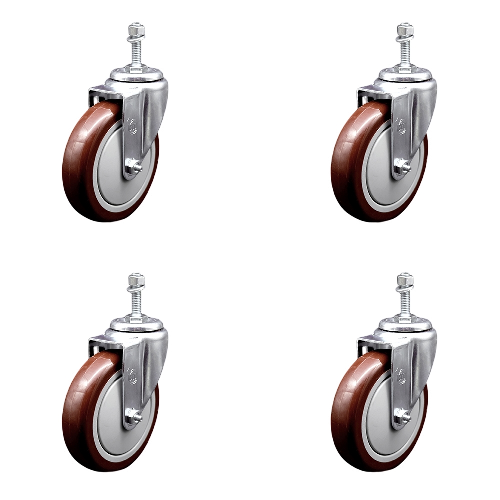 SCC-TS20S514-PPUB-MRN-381615-4 Polyurethane Swivel Threaded Stem Caster with 5 x 1.25 in. Maroon Wheels & 0.38 in. Stems - Set of 4