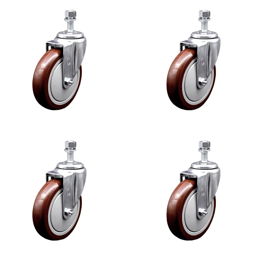 SCC-TS20S514-PPUB-MRN-M1215-4 Polyurethane Swivel Threaded Stem Caster with 5 x 1.25 in. Maroon Wheels & 12 mm Stems - Set of 4