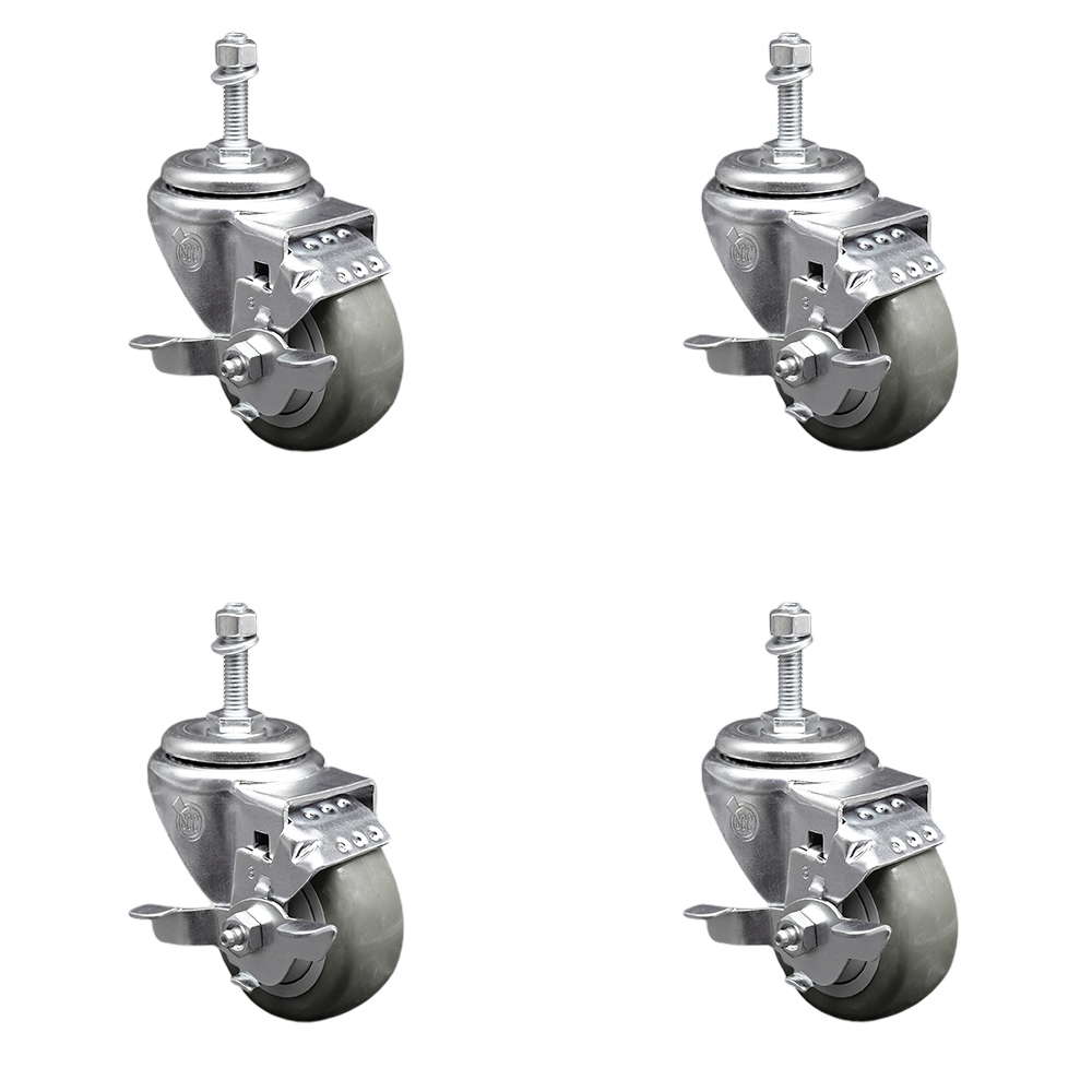 SCC-TS20S314-PPUB-TLB-381615-4 Polyurethane Swivel Threaded Stem Caster with 3 x 1.25 in. Gray Wheels & 0.38 in. Stems - Set of 4