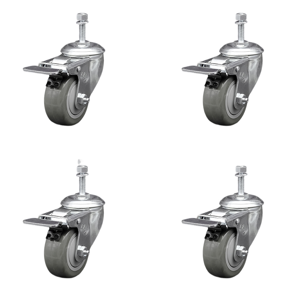 SCC-SSTSTTL20S314-PPUB-381615-4 Stainless Steel Polyurethane Swivel Threaded Stem Caster with 3 x 1.25 in. Gray Wheels & 0.38 in. Stems - Set of 4
