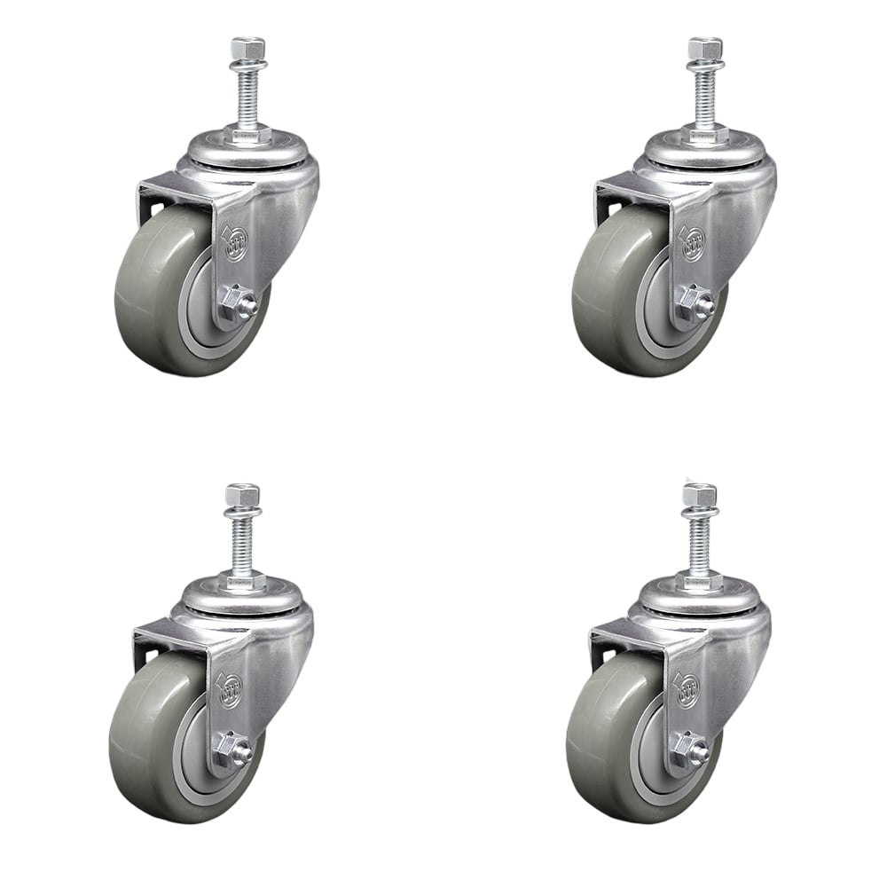 SCC-SSTS20S314-PPUB-M1015-4 Stainless Steel Polyurethane Swivel Threaded Stem Caster with 3 x 1.25 in. Gray Wheels & 10 mm Stems - Set of 4