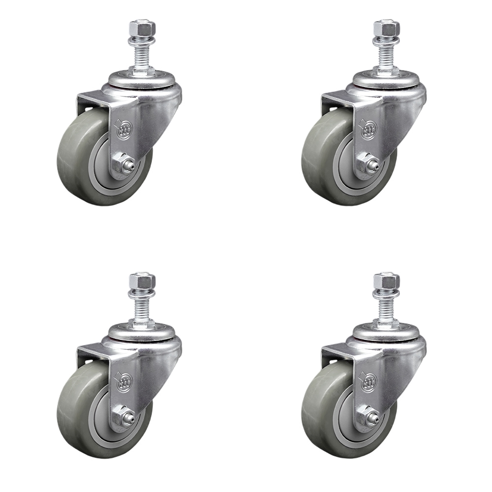 SCC-TS20S314-PPUB-M1215-4 Polyurethane Swivel Threaded Stem Caster with 3 x 1.25 in. Gray Wheels & 12 mm Stems - Set of 4