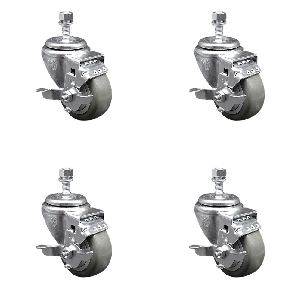 SCC-SSTS20S3514-PPUB-TLB-M1215-4 Stainless Steel Polyurethane Swivel Threaded Stem Caster with 3.5 x 1.25 in. Gray Wheels & 12 mm Stems - Set of 4