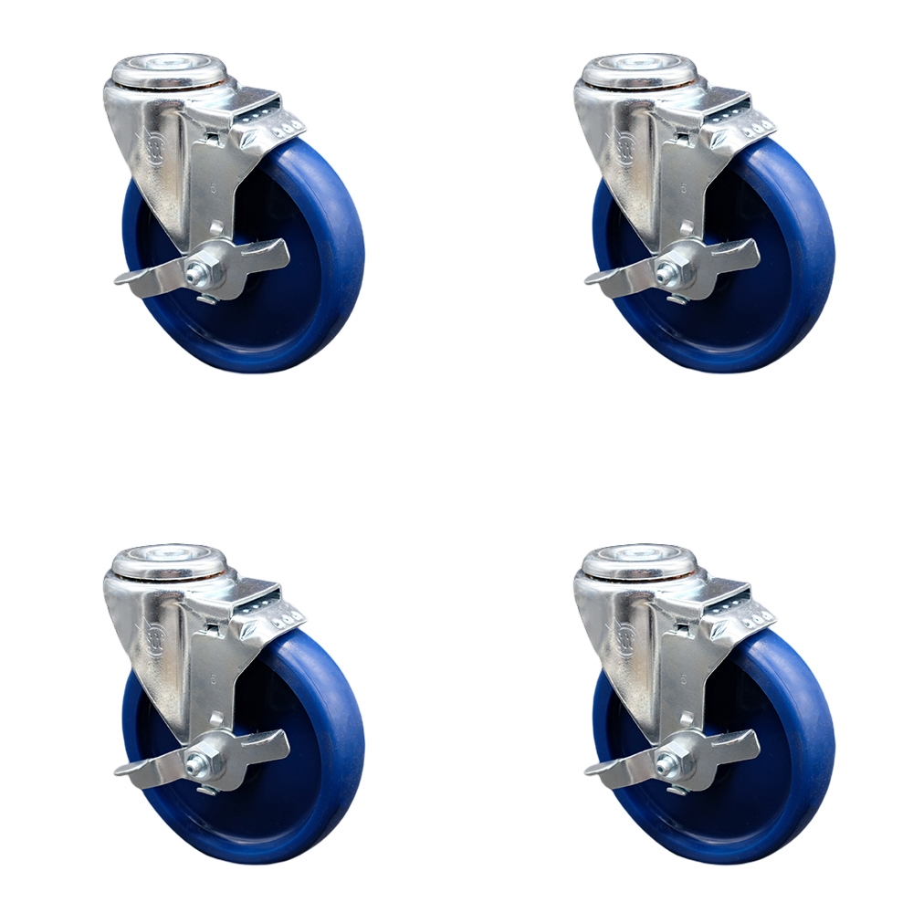 SCC-SSBH20S514-SPUS-TLB-4 Stainless Steel Solid Polyurethane Swivel Bolt Hole Caster with 5 x 1.25 in. Blue Wheels - Set of 4