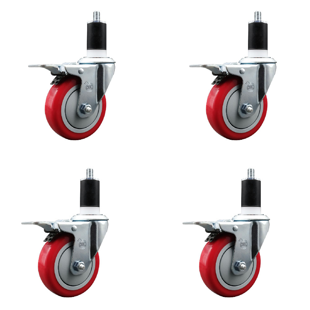 Stainless Steel Polyurethane Swivel Expanding Stem Caster with 4 in. Red Wheels & 1.5 in. Stems 4 Swivel with Total Locking Brakes - Set of 4