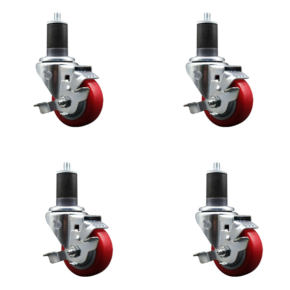 Stainless Steel Polyurethane Swivel Expanding Stem Caster with 3.5 in. Red Wheels & 1.63 in. Stems 4 Swivel with Top Locking Brakes - Set of 4