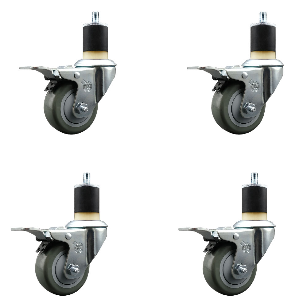 Stainless Steel Polyurethane Swivel Expanding Stem Caster with 3 in. Gray Wheels & 1.87 in. Stems 4 Swivel with Total Locking Brakes - Set of 4