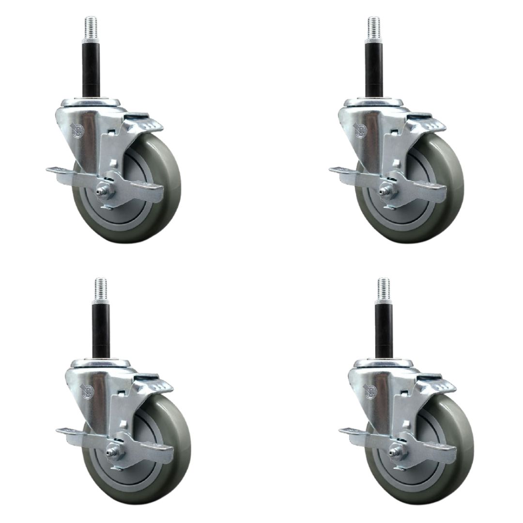 Stainless Steel Polyurethane Swivel Expanding Stem Caster with 4 in. Gray Wheels & 0.75 in. Stems 4 Swivel with Top Locking Brakes - Set of 4