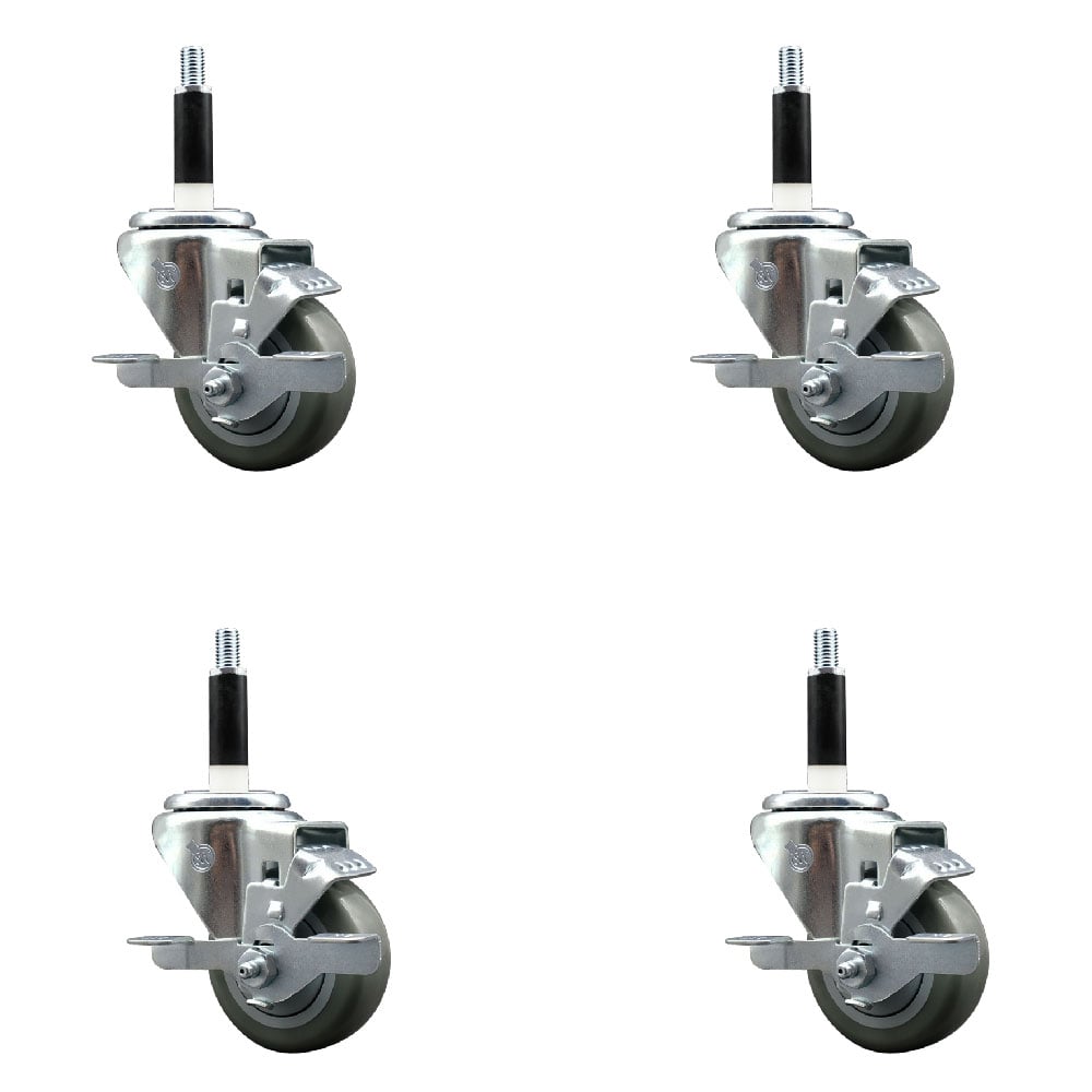 Stainless Steel Polyurethane Swivel Expanding Stem Caster with 3 in. Gray Wheels & 0.87 in. Stems 4 Swivel with Top Locking Brakes - Set of 4