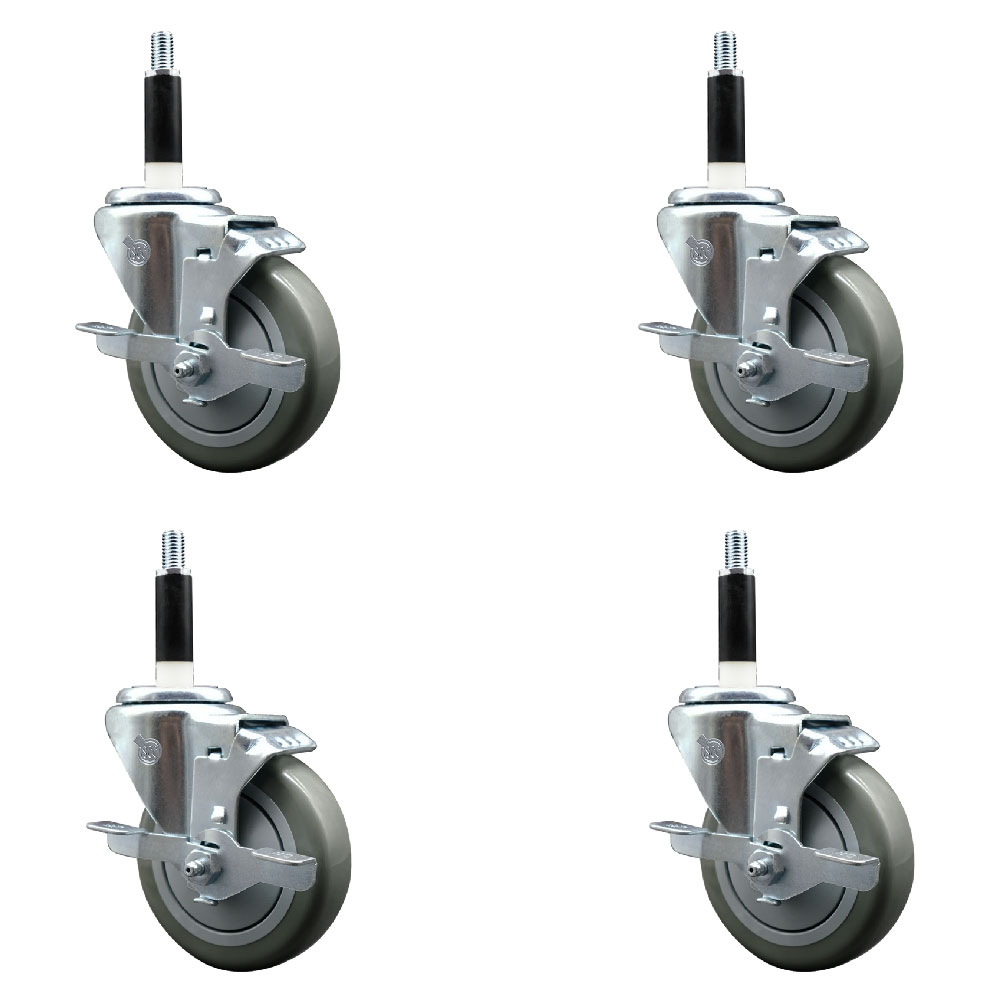 Stainless Steel Polyurethane Swivel Expanding Stem Caster with 4 in. Gray Wheels & 0.87 in. Stems 4 Swivel with Top Locking Brakes - Set of 4