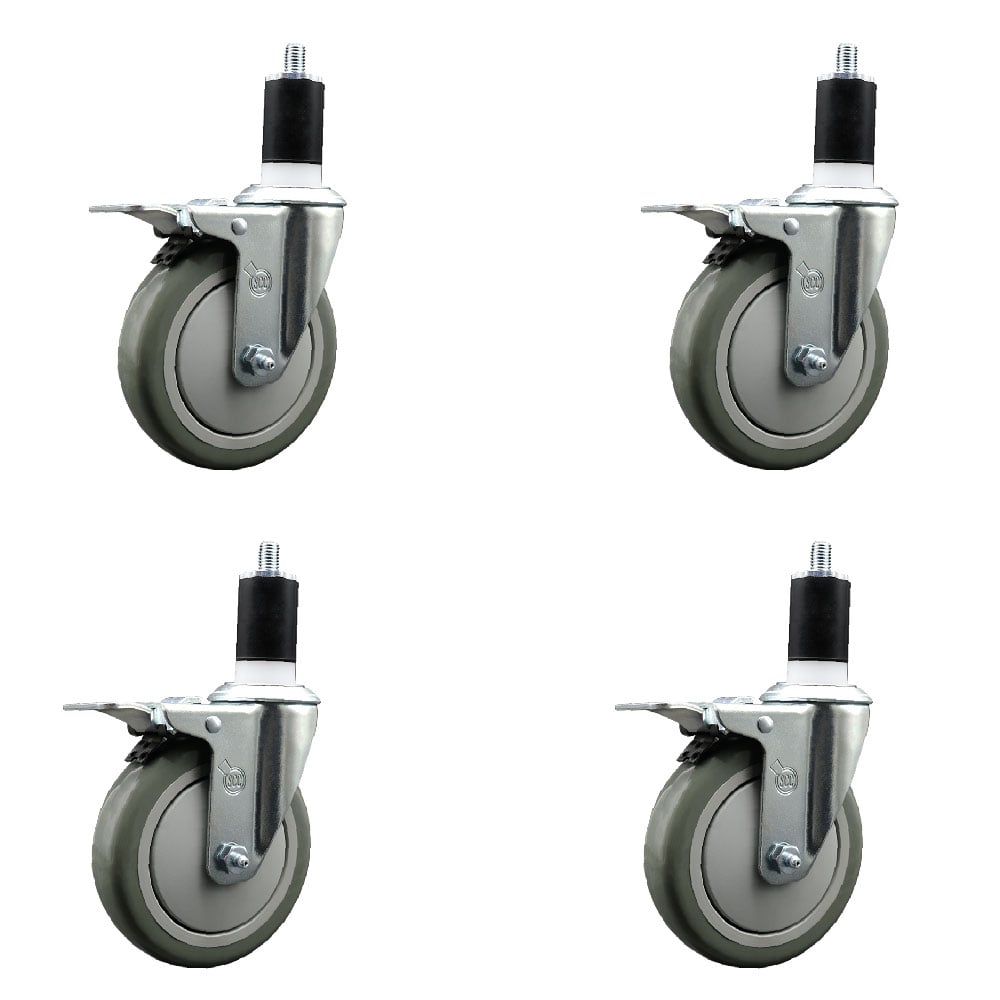 Stainless Steel Polyurethane Swivel Expanding Stem Caster with 5 in. Gray Wheels & 1.5 in. Stems 4 Swivel with Total Locking Brakes - Set of 4