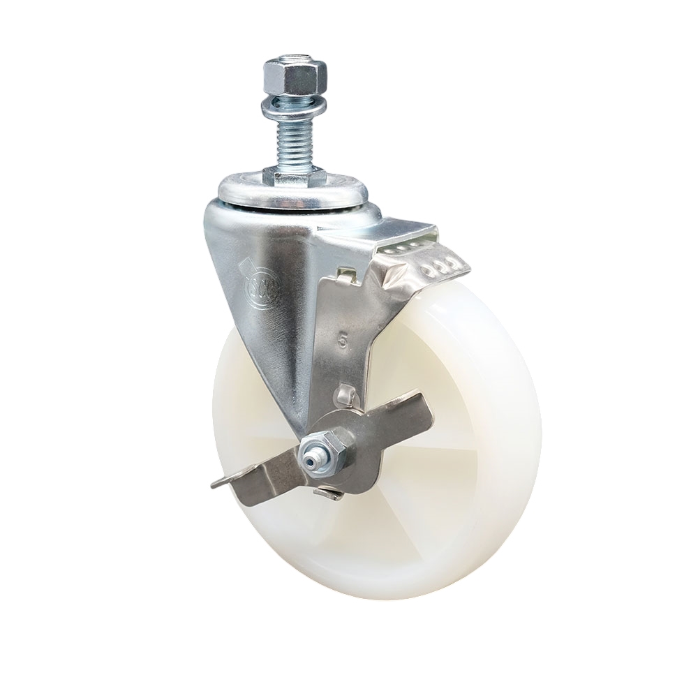SCC-SSTS20S514-NYS-TLB-M1215 Stainless Steel Nylon Swivel Threaded Stem Caster with 5 x 1.25 in. White Wheel & 12 mm Stem & Top Locking Brake