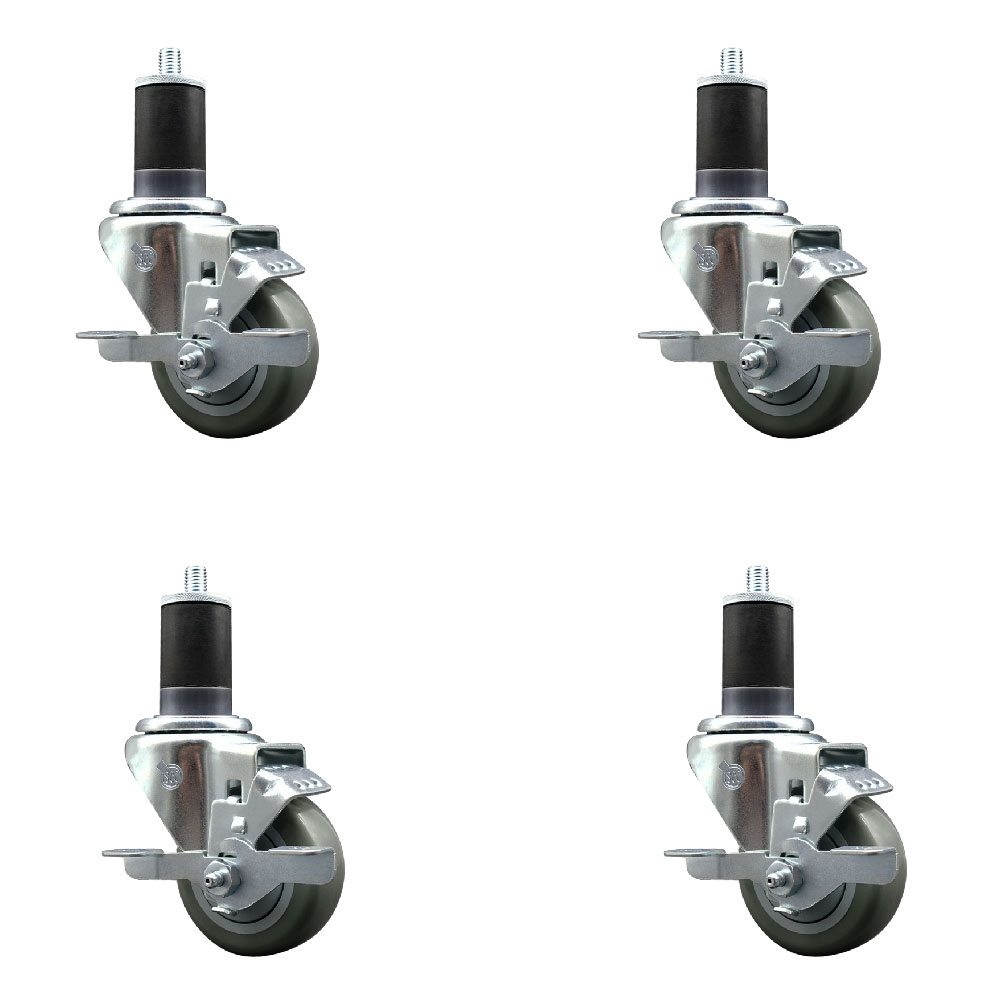 Stainless Steel Polyurethane Swivel Expanding Stem Caster with 3 in. Gray Wheels & 1.63 in. Stems 4 Swivel with Top Locking Brakes - Set of 4