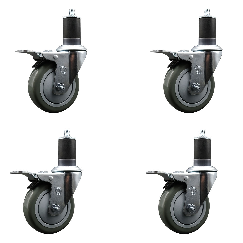 Stainless Steel Polyurethane Swivel Expanding Stem Caster with 4 in. Gray Wheels & 1.63 in. Stems 4 Swivel with Total Locking Brakes - Set of 4