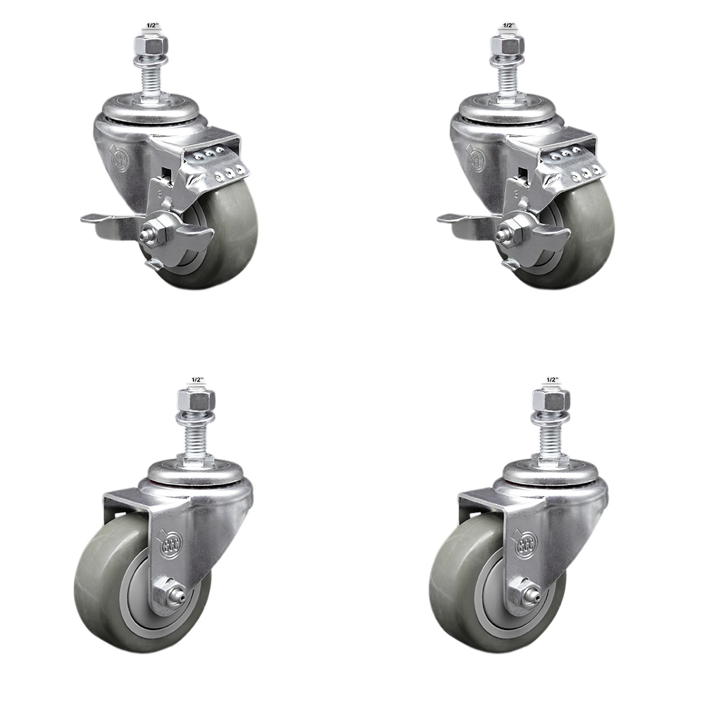 Stainless Steel Polyurethane Swivel Threaded Stem Caster with 3 x 1.25 in. Gray Wheels & 0.5 in. Stems - Set of 4